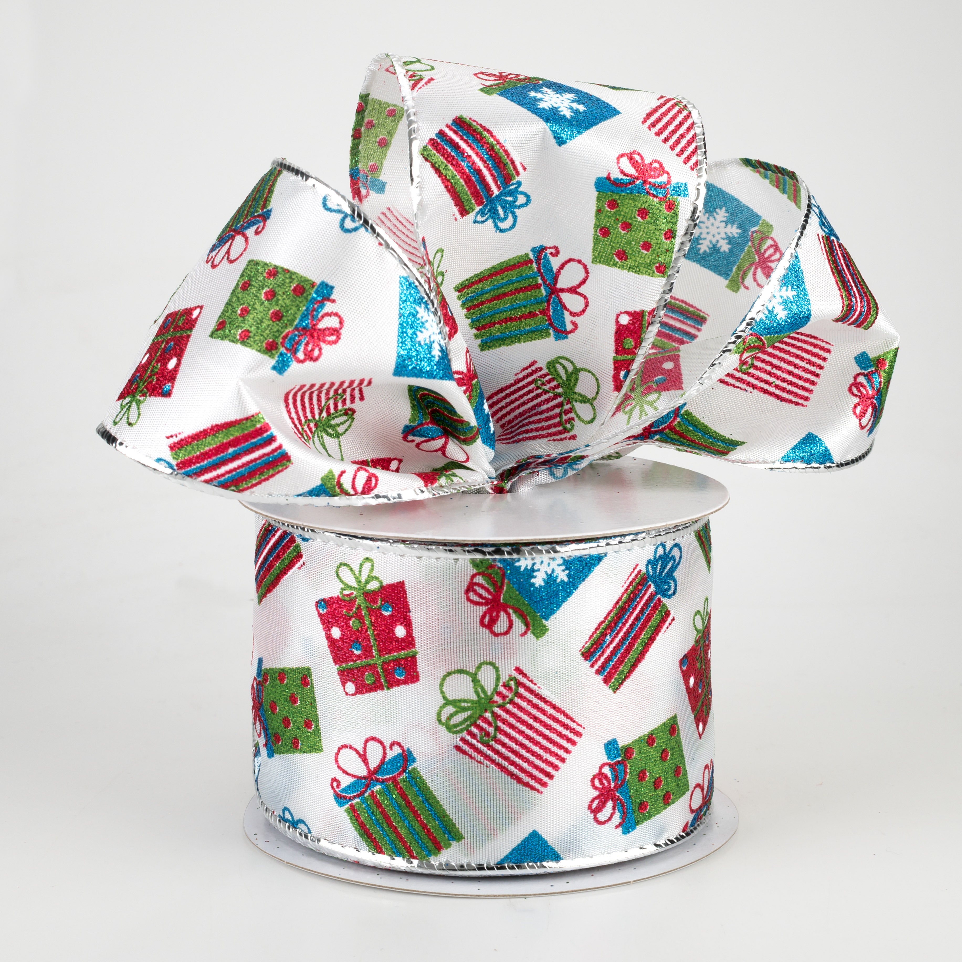 2.5" Glitter Christmas Presents Ribbon: Red, Lime, Turquoise (10 Yards)