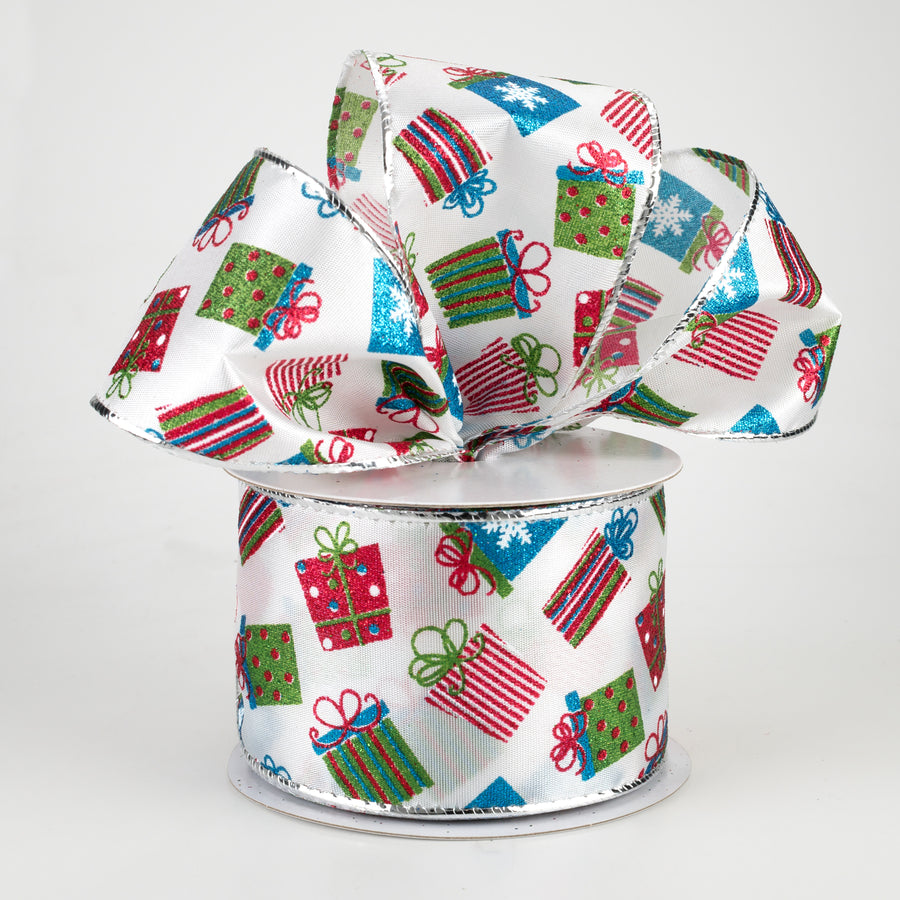 2.5" Glitter Christmas Presents Ribbon: Red, Lime, Turquoise (10 Yards)