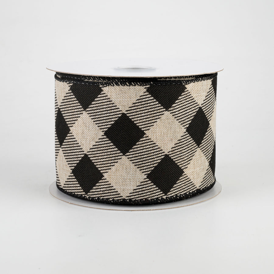 2.5" Diagonal Buffalo Plaid Ribbon: Natural & Black (10 Yards)