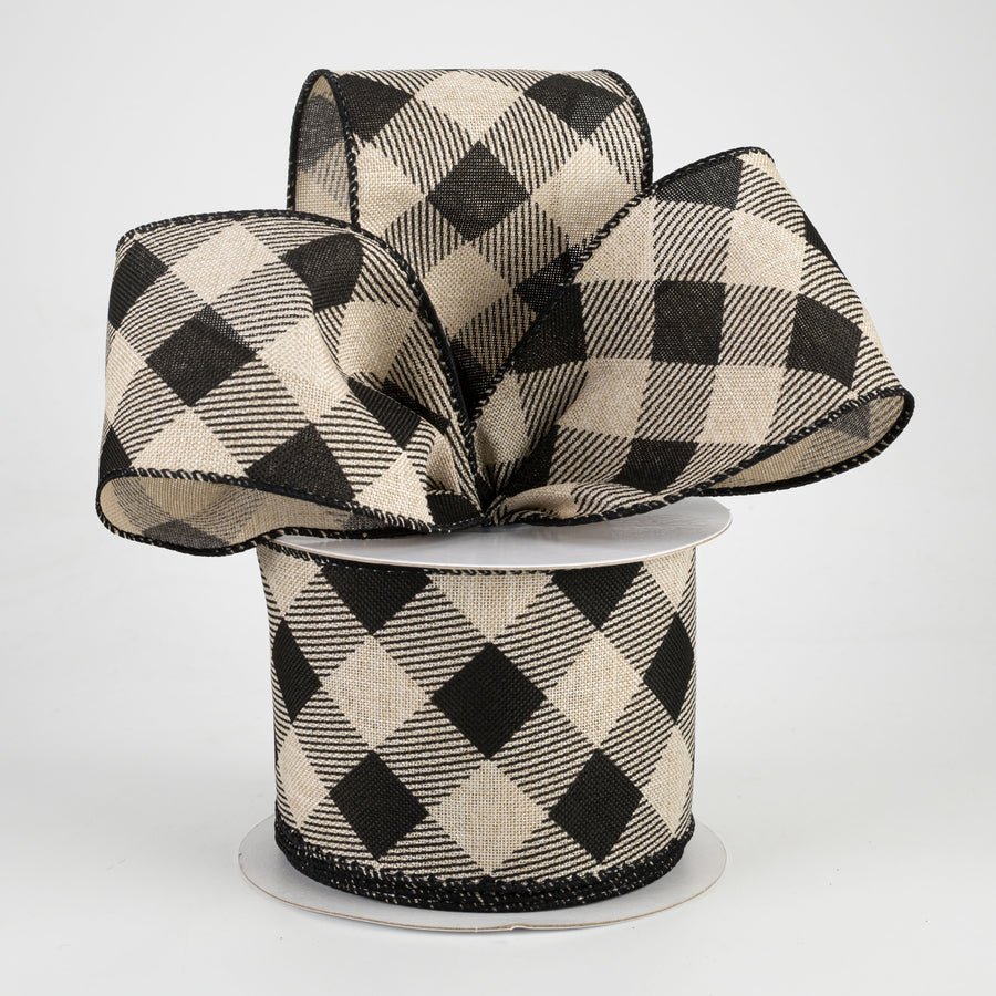 2.5" Diagonal Buffalo Plaid Ribbon: Natural & Black (10 Yards)