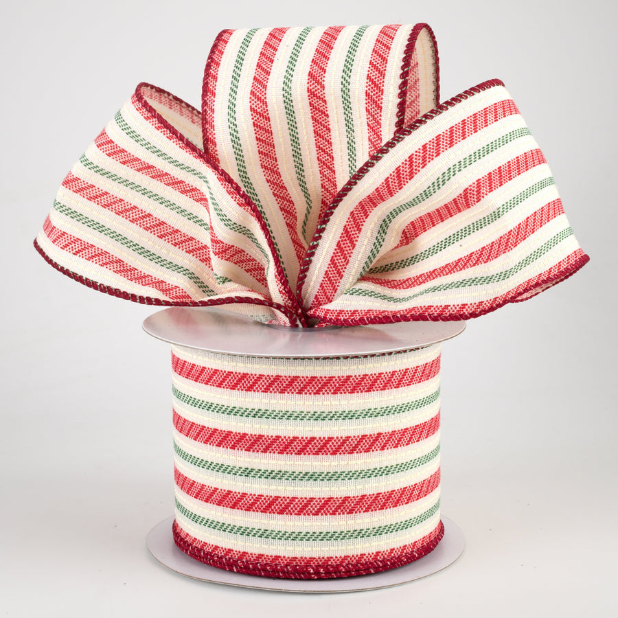 2.5" Modern Stripe Ticking Ribbon: Cream, Red, Green (10 Yards)