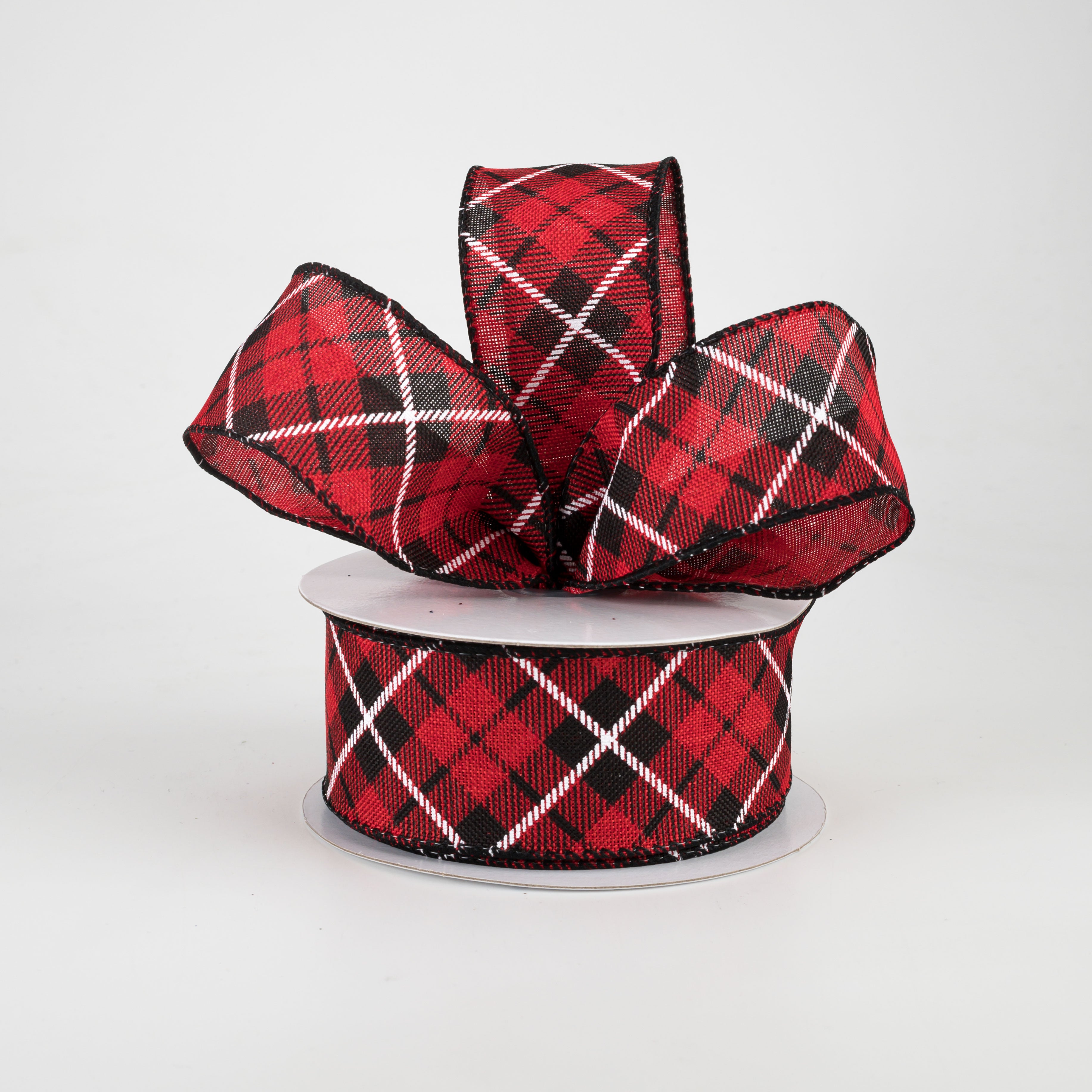1.5" Diagonal Argyle Plaid Ribbon: Red, Black, White (10 Yards)