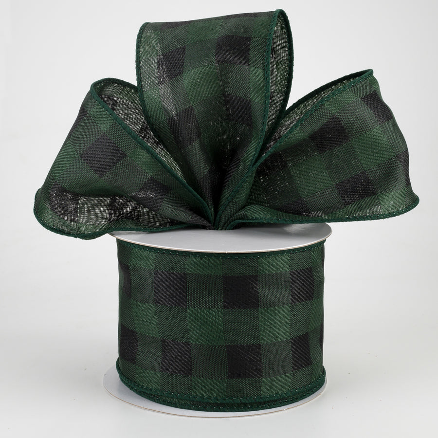 2.5" Linen Check Buffalo Plaid Ribbon: Emerald & Black (10 Yards)