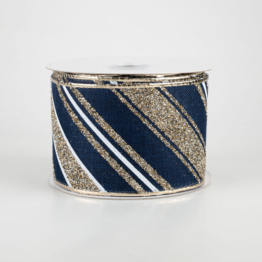 2.5" Diagonal Glitter Stripe Ribbon: Navy, Champagne Gold, White (10 Yards)