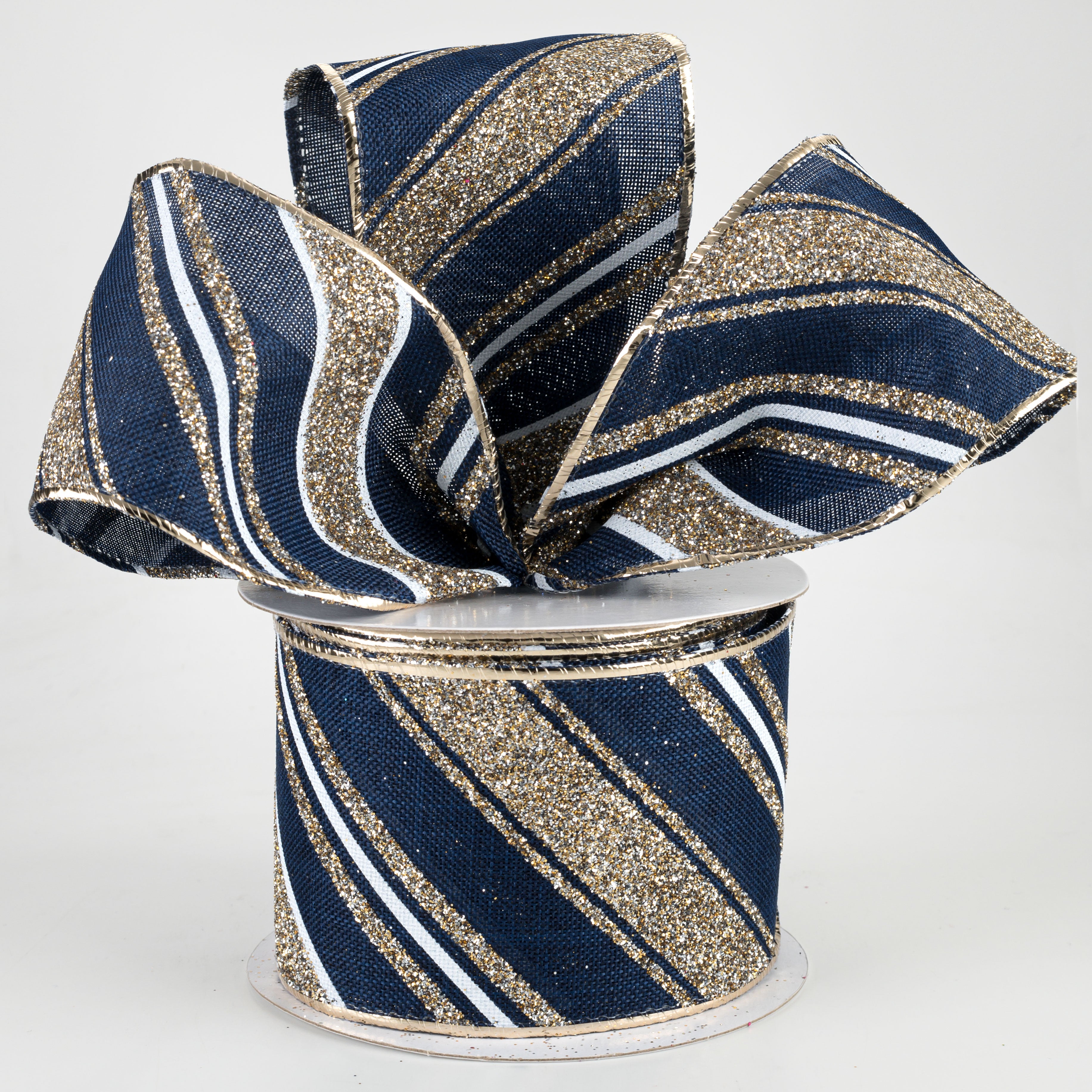 2.5" Diagonal Glitter Stripe Ribbon: Navy, Champagne Gold, White (10 Yards)
