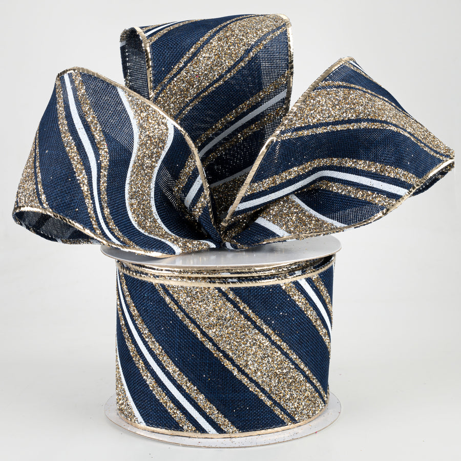 2.5" Diagonal Glitter Stripe Ribbon: Navy, Champagne Gold, White (10 Yards)