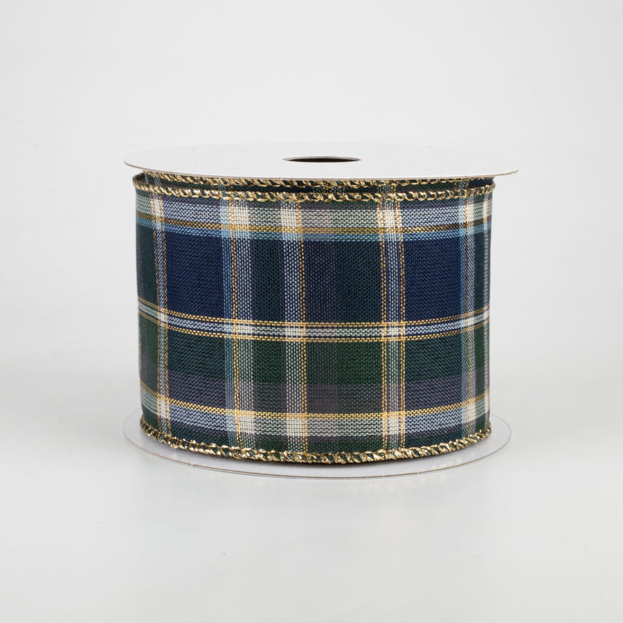 2.5" Tom Plaid Ribbon: Navy, Emerald & Gold (10 Yards)