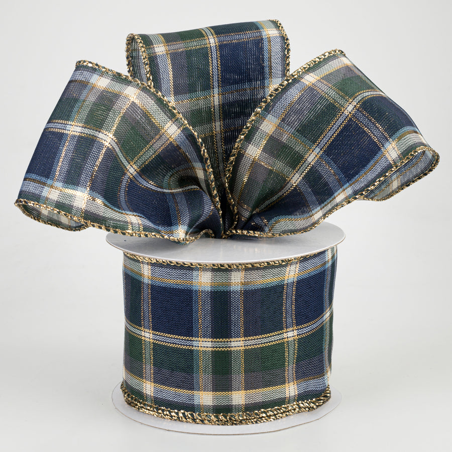 2.5" Tom Plaid Ribbon: Navy, Emerald & Gold (10 Yards)
