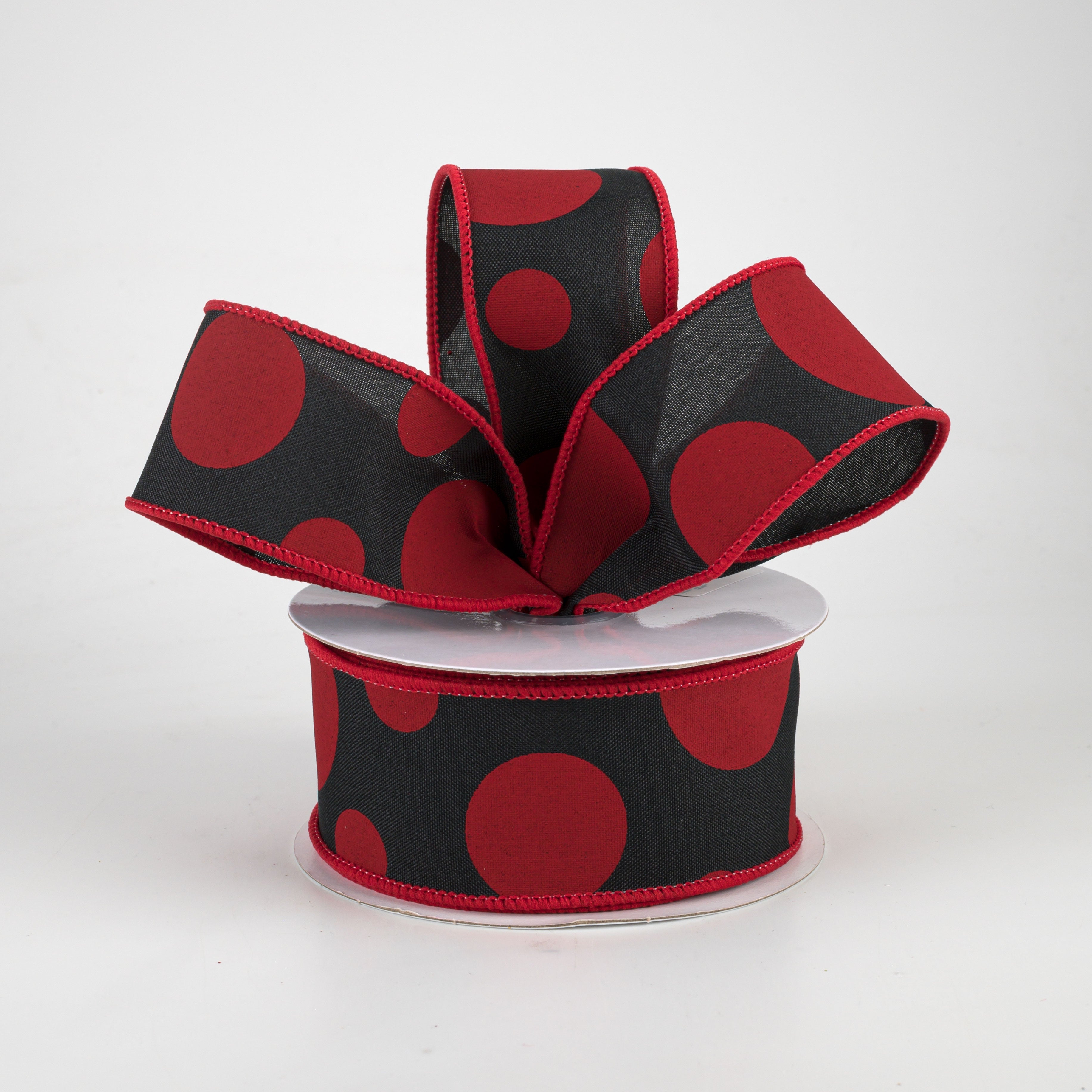 1.5" Giant Three Size Polka Dot Ribbon: Black & Red (10 Yards)