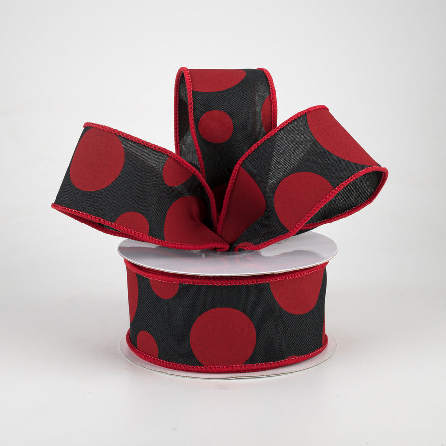 1.5" Giant Three Size Polka Dot Ribbon: Black & Red (10 Yards)