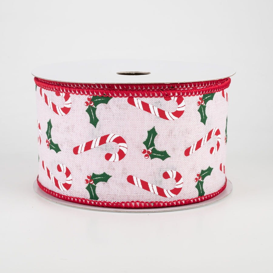 2.5" Candy Canes & Holly Ribbon: Pink (10 Yards)