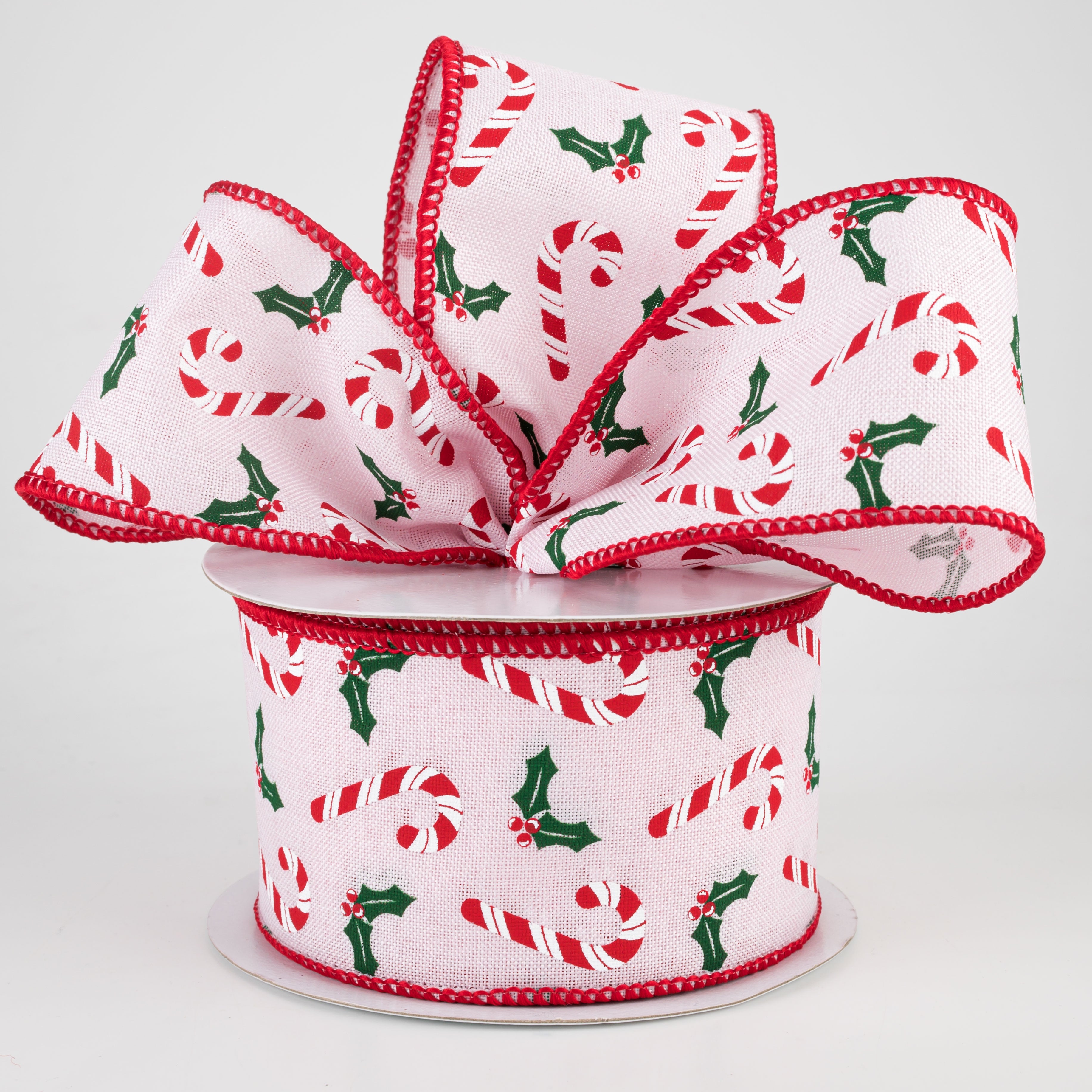 2.5" Candy Canes & Holly Ribbon: Pink (10 Yards)
