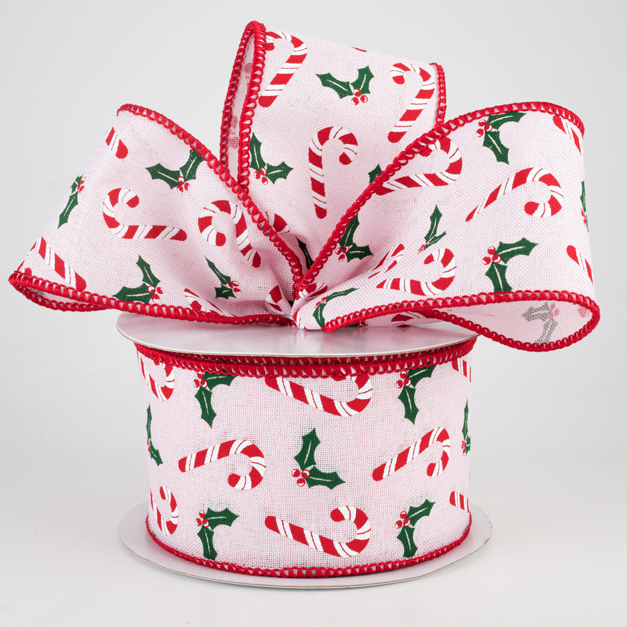 2.5" Candy Canes & Holly Ribbon: Pink (10 Yards)