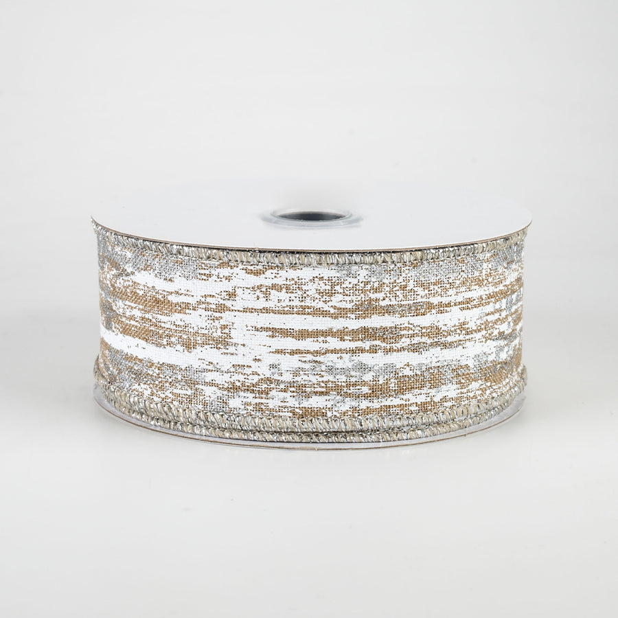 1.5" Metallic Glitter Snow Ribbon: Light Beige, White, Silver (10 Yards)