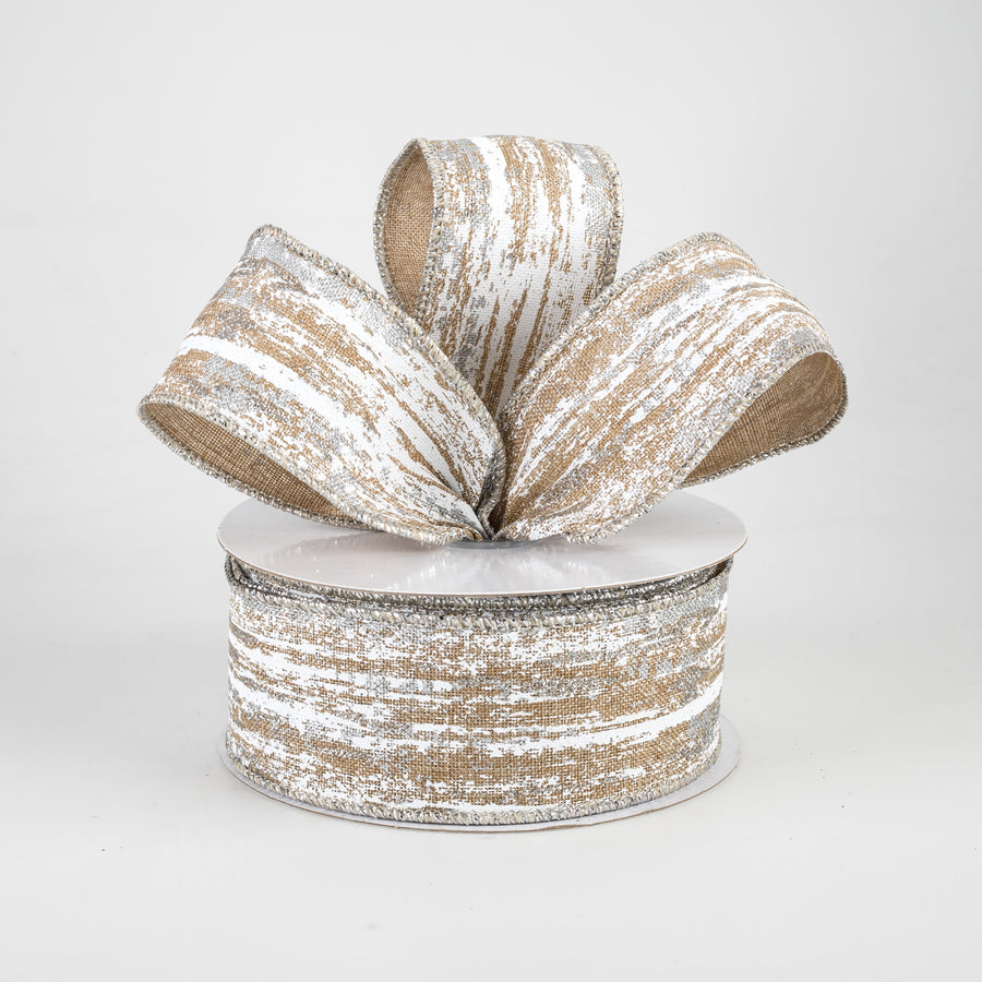 1.5" Metallic Glitter Snow Ribbon: Light Beige, White, Silver (10 Yards)