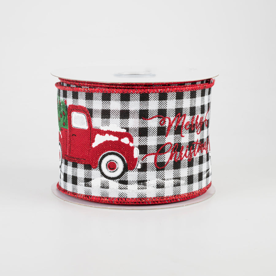 2.5" Merry Christmas With Truck Gingham Ribbon: Black & White (10 Yards)