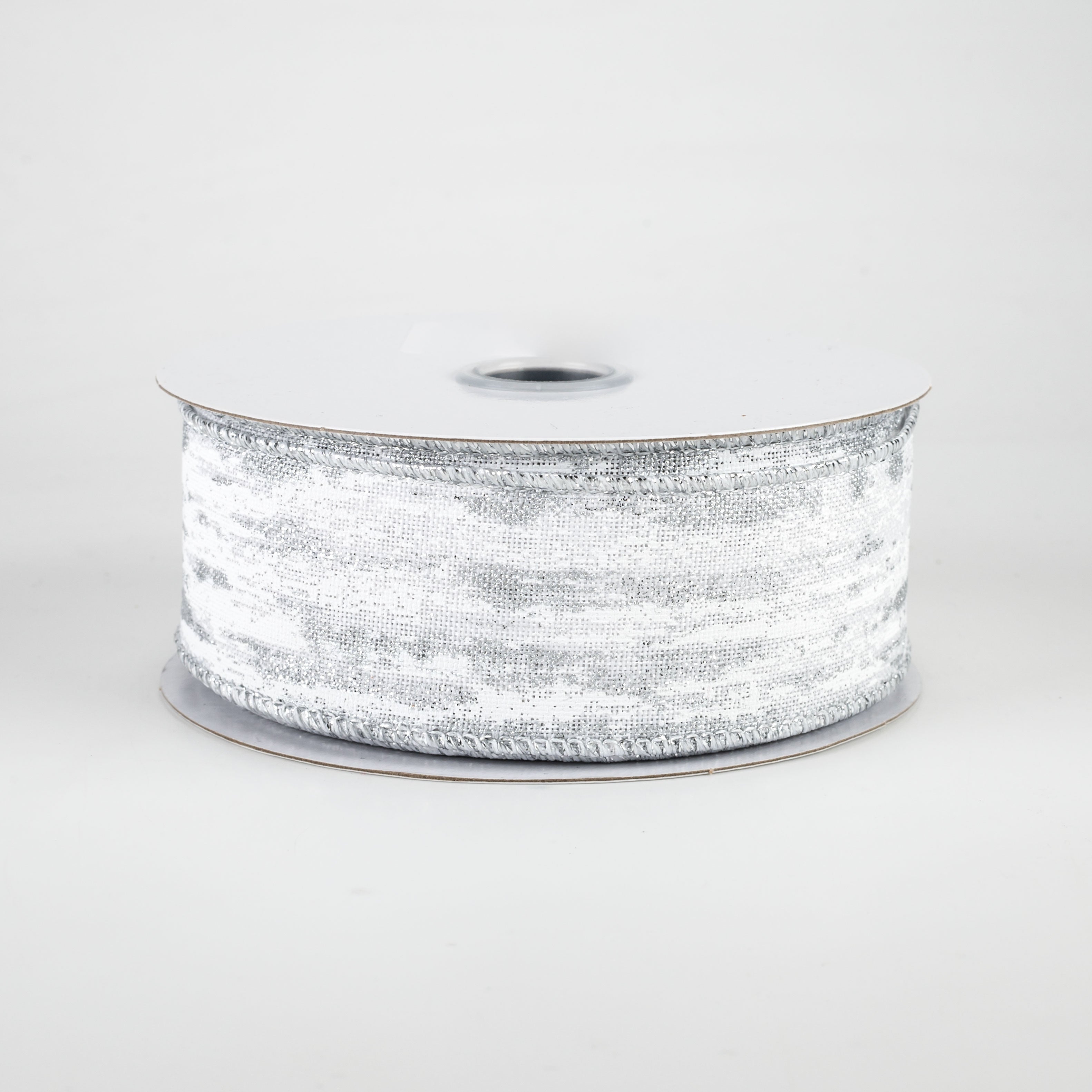 1.5" Metallic Glitter Snow Ribbon: White & Silver (10 Yards)