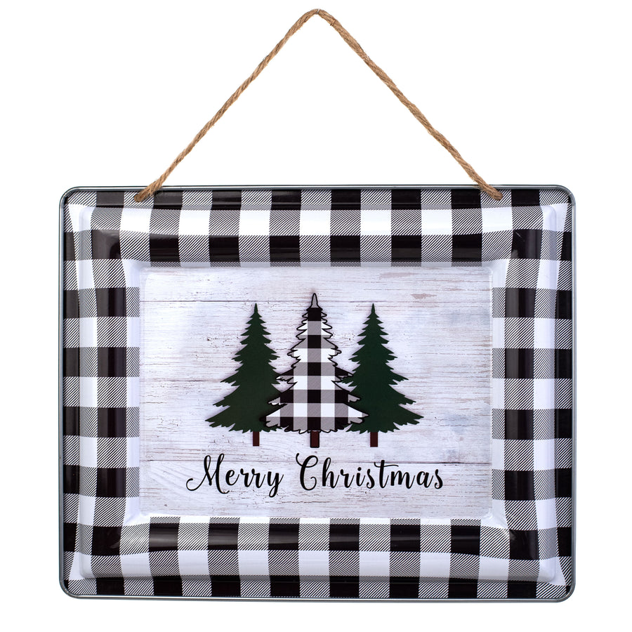 12" Metal Sign: Merry Christmas, Plaid, Trees