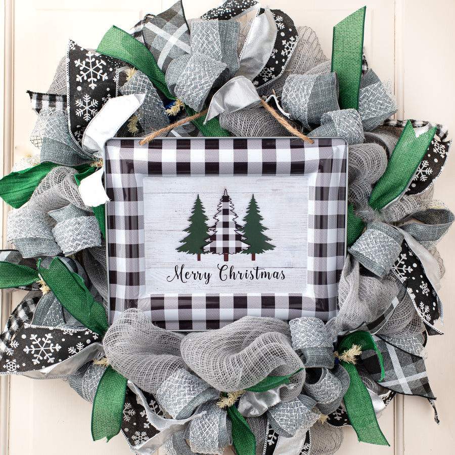 12" Metal Sign: Merry Christmas, Plaid, Trees