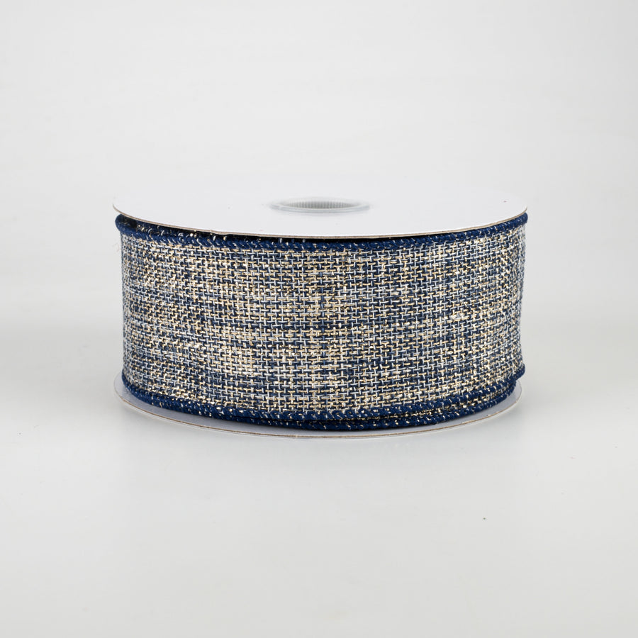 1.5" Twinkly Woven Linen Ribbon: Navy & Gold (10 Yards)