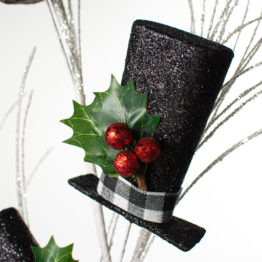 40" Glitter Plaid Snowman Top Hat Spray