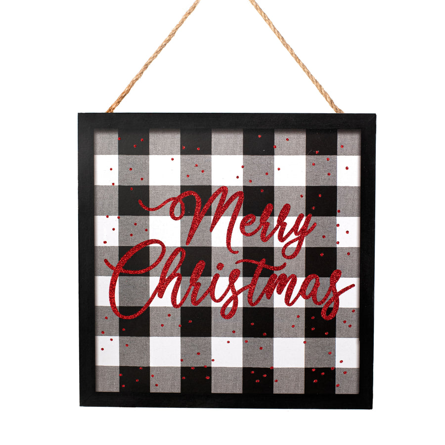 10" Square Wooden Sign: Merry Christmas On Check
