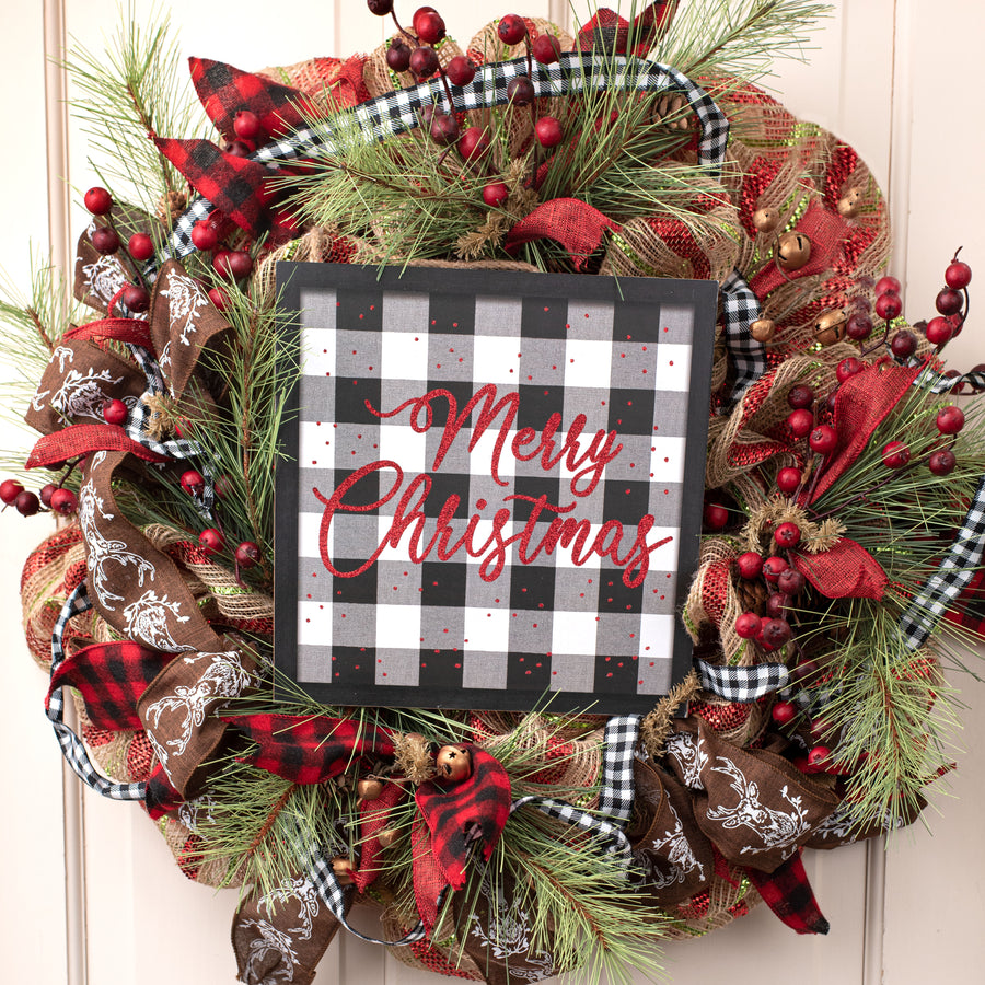 10" Square Wooden Sign: Merry Christmas On Check