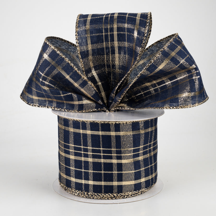 2.5" Metallic Gina Plaid Ribbon: Gold & Navy (10 Yards)