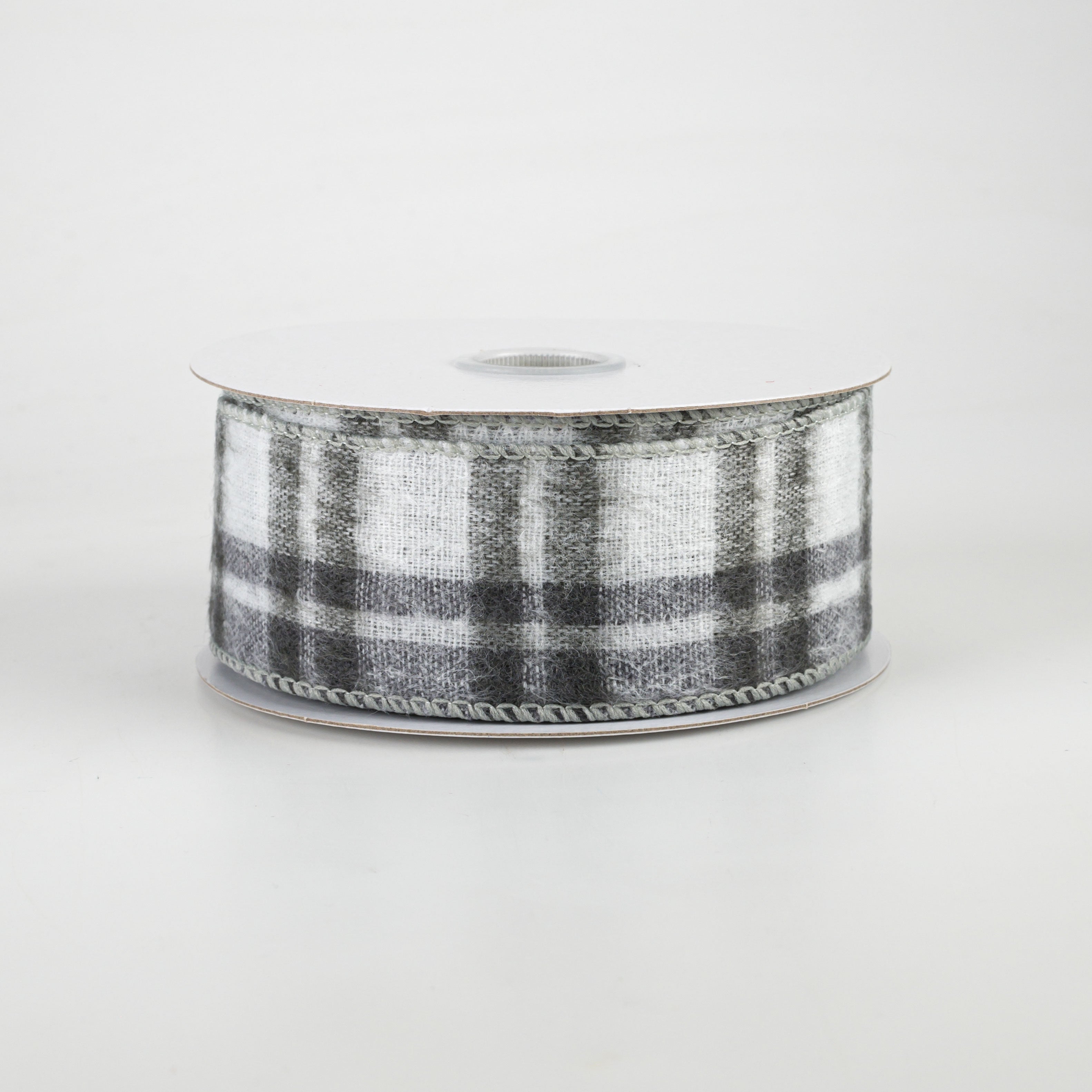 1.5" Fuzzy Flannel Plaid Ribbon: Grey & White (10 Yards)