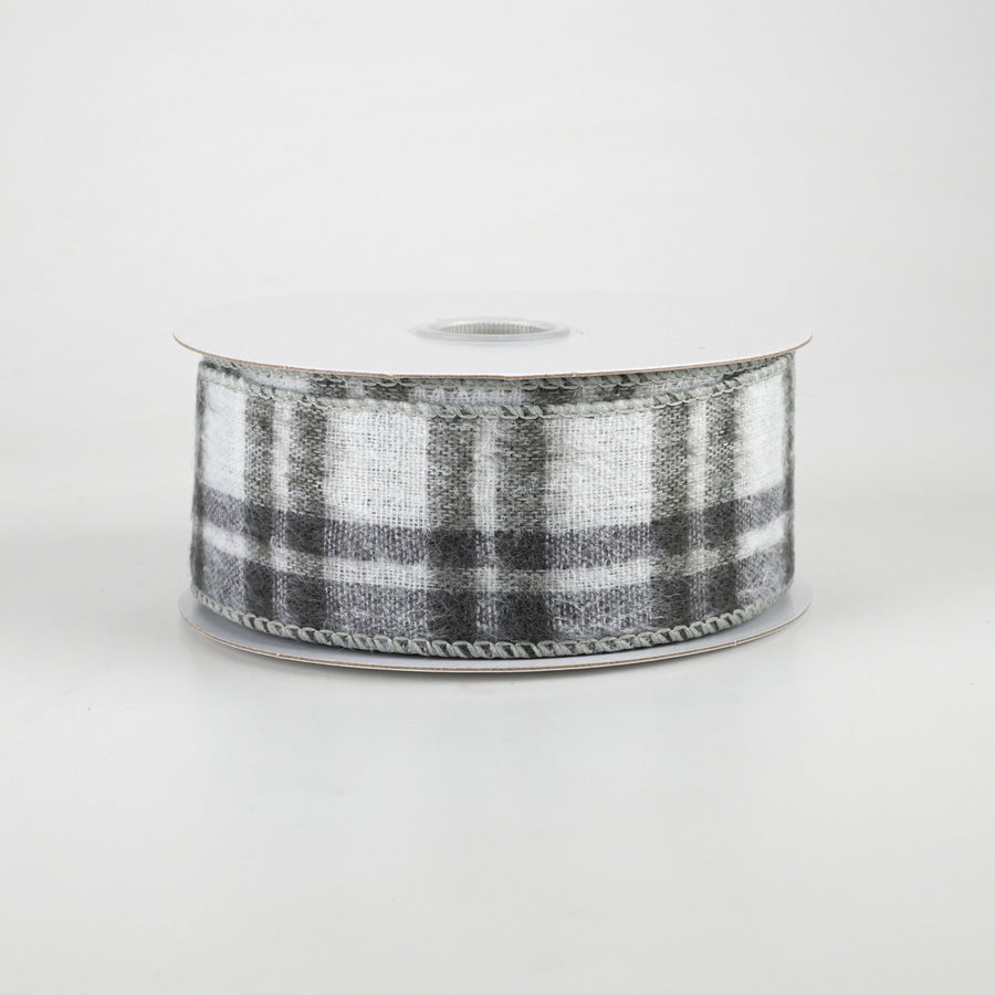 1.5" Fuzzy Flannel Plaid Ribbon: Grey & White (10 Yards)
