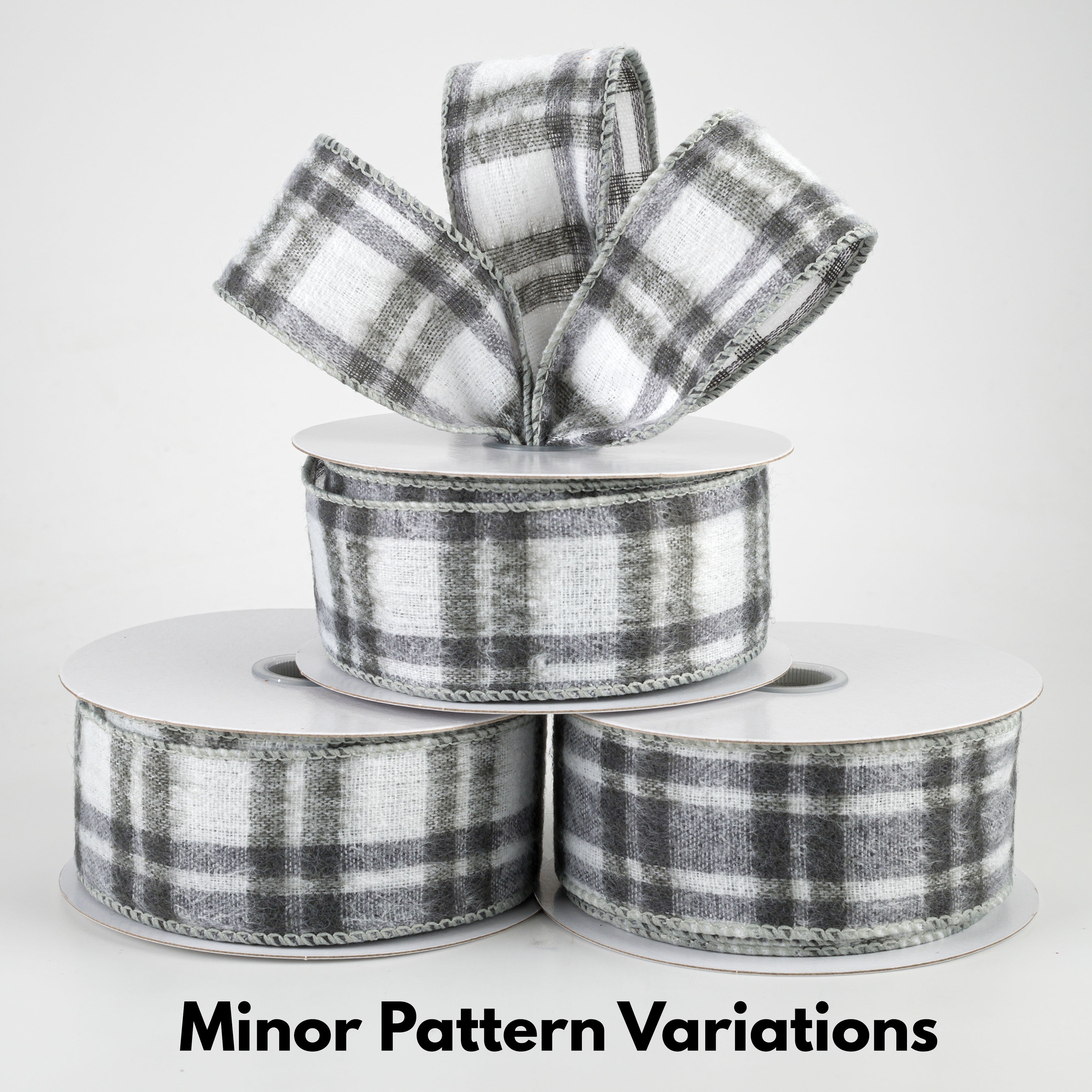 1.5" Fuzzy Flannel Plaid Ribbon: Grey & White (10 Yards)