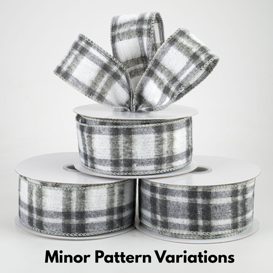 1.5" Fuzzy Flannel Plaid Ribbon: Grey & White (10 Yards)