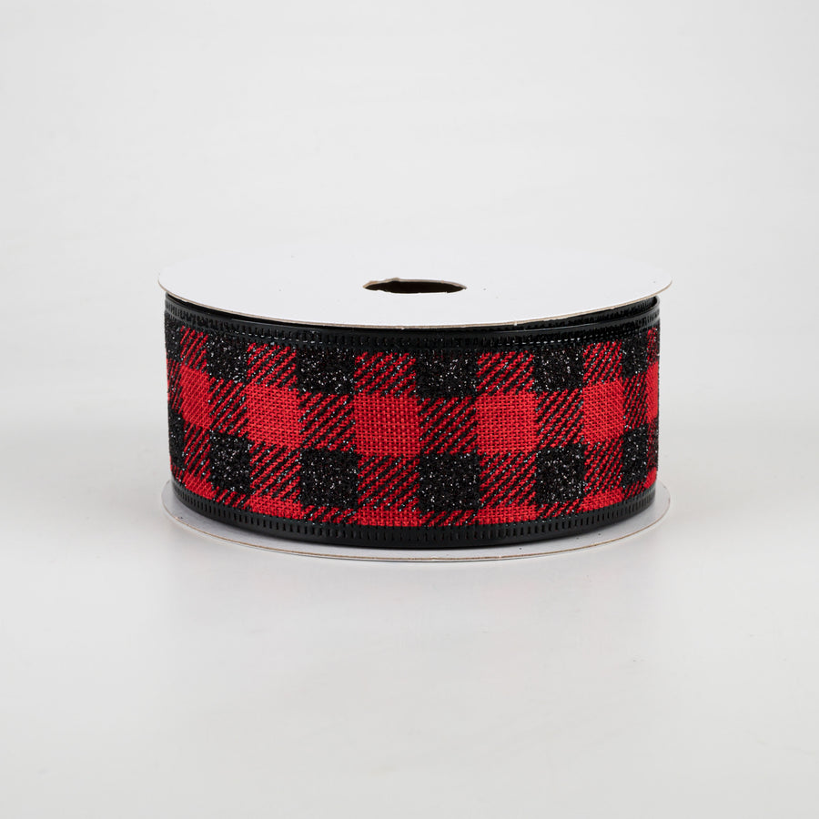 1.5" Glitter Buffalo Plaid Ribbon: Red & Black (10 Yards)