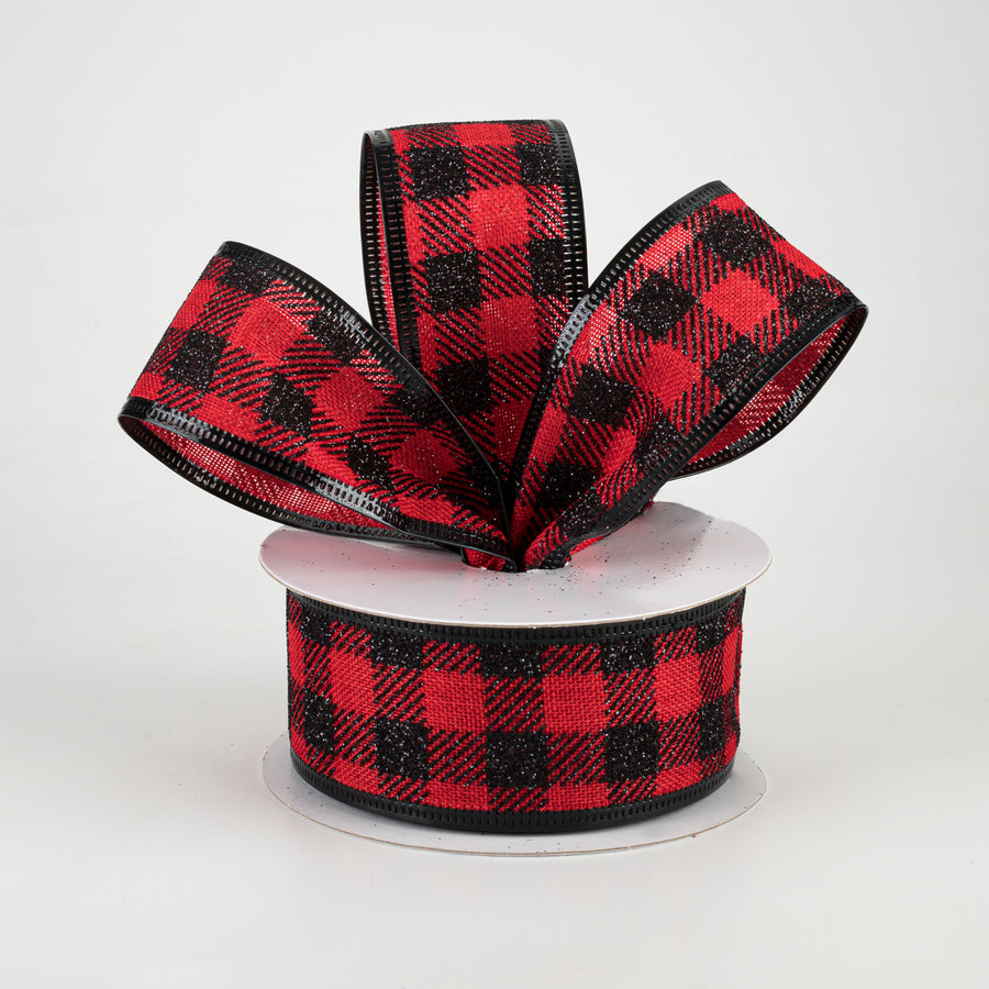 1.5" Glitter Buffalo Plaid Ribbon: Red & Black (10 Yards)