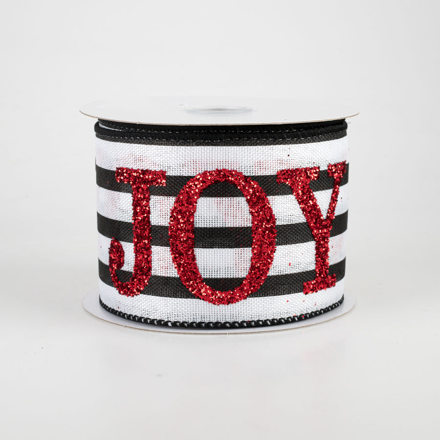 2.5" Red Glitter Joy On Stripe Ribbon: Black & White (10 Yards)