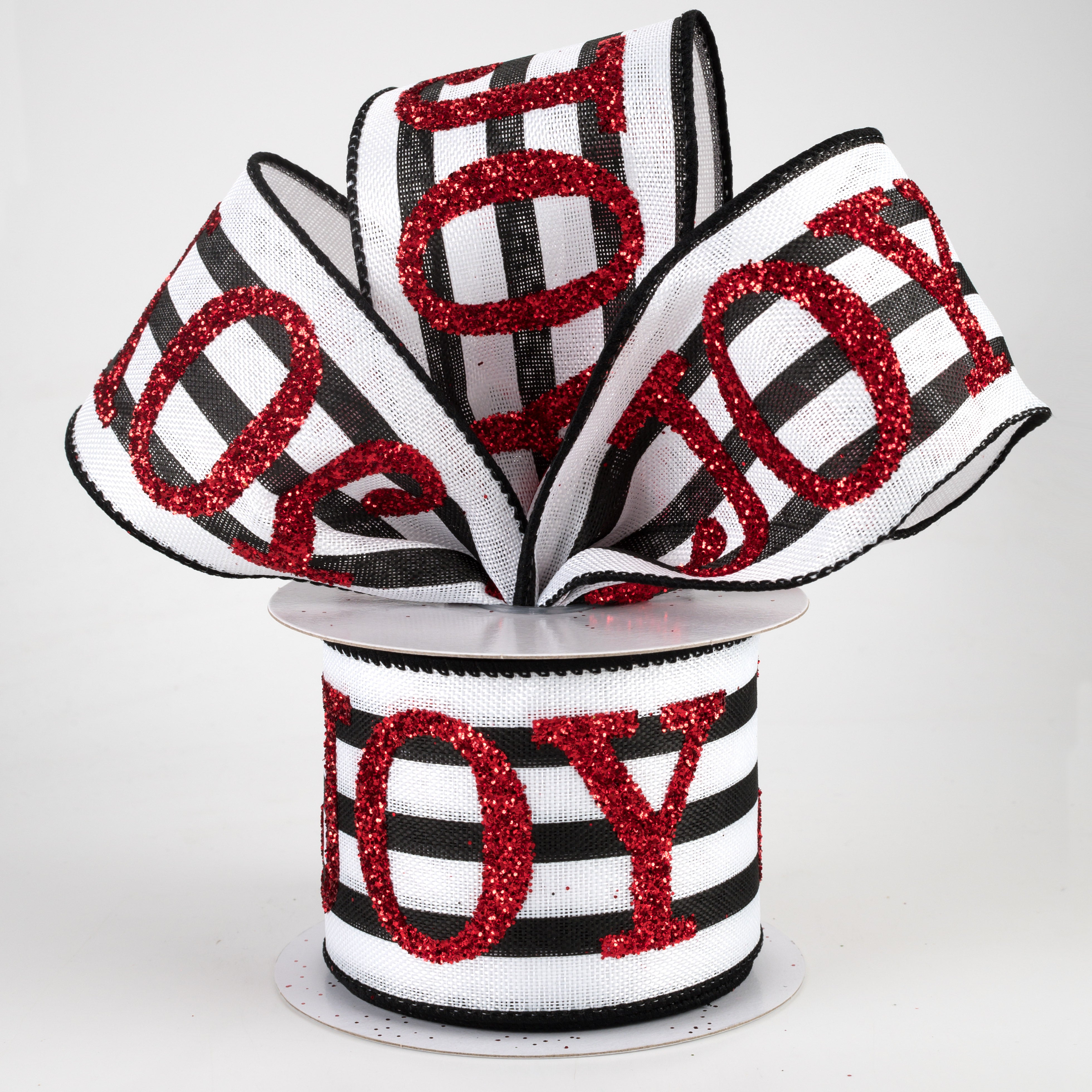2.5" Red Glitter Joy On Stripe Ribbon: Black & White (10 Yards)