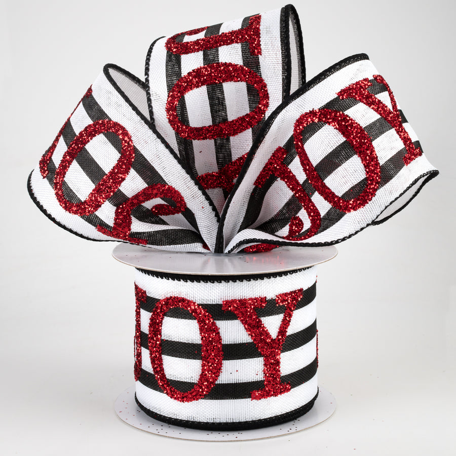 2.5" Red Glitter Joy On Stripe Ribbon: Black & White (10 Yards)
