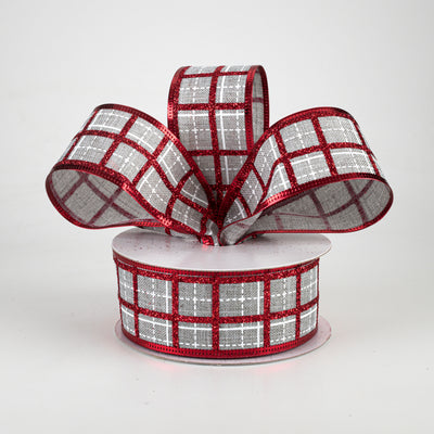 1.5" Glitter Square Plaid Ribbon: Light Grey, White, Red (10 Yards)