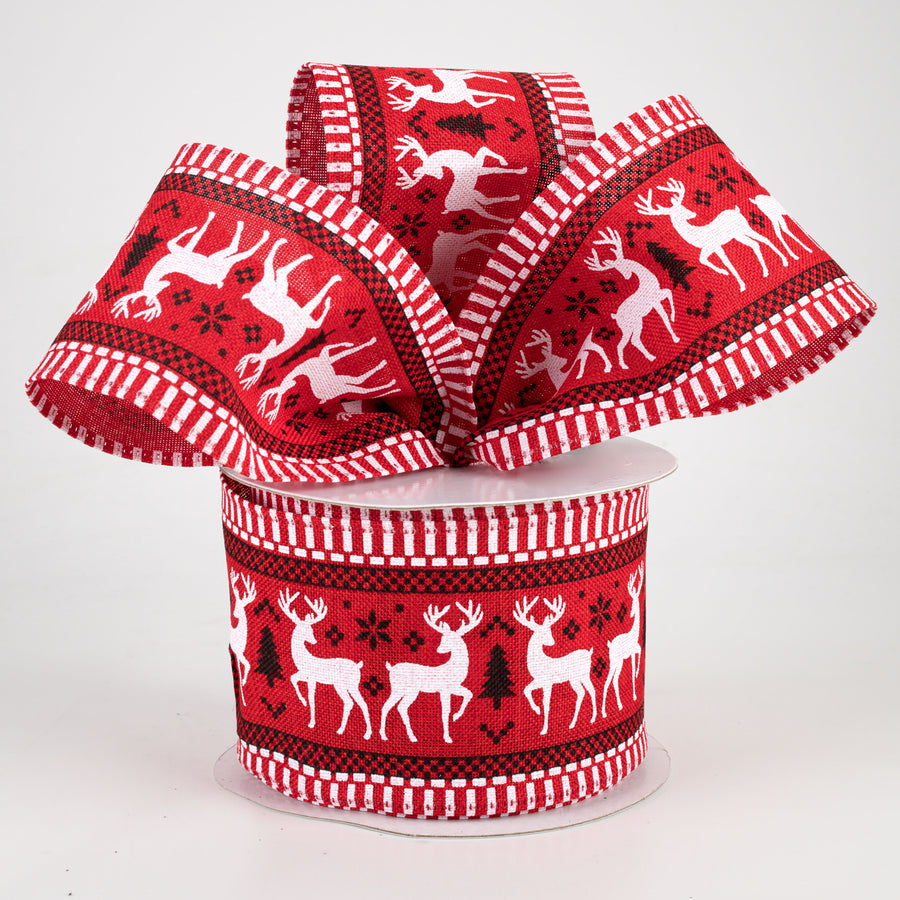 2.5" Dashing Deer Stripe Edge Ribbon: Red, Black, White (10 Yards)