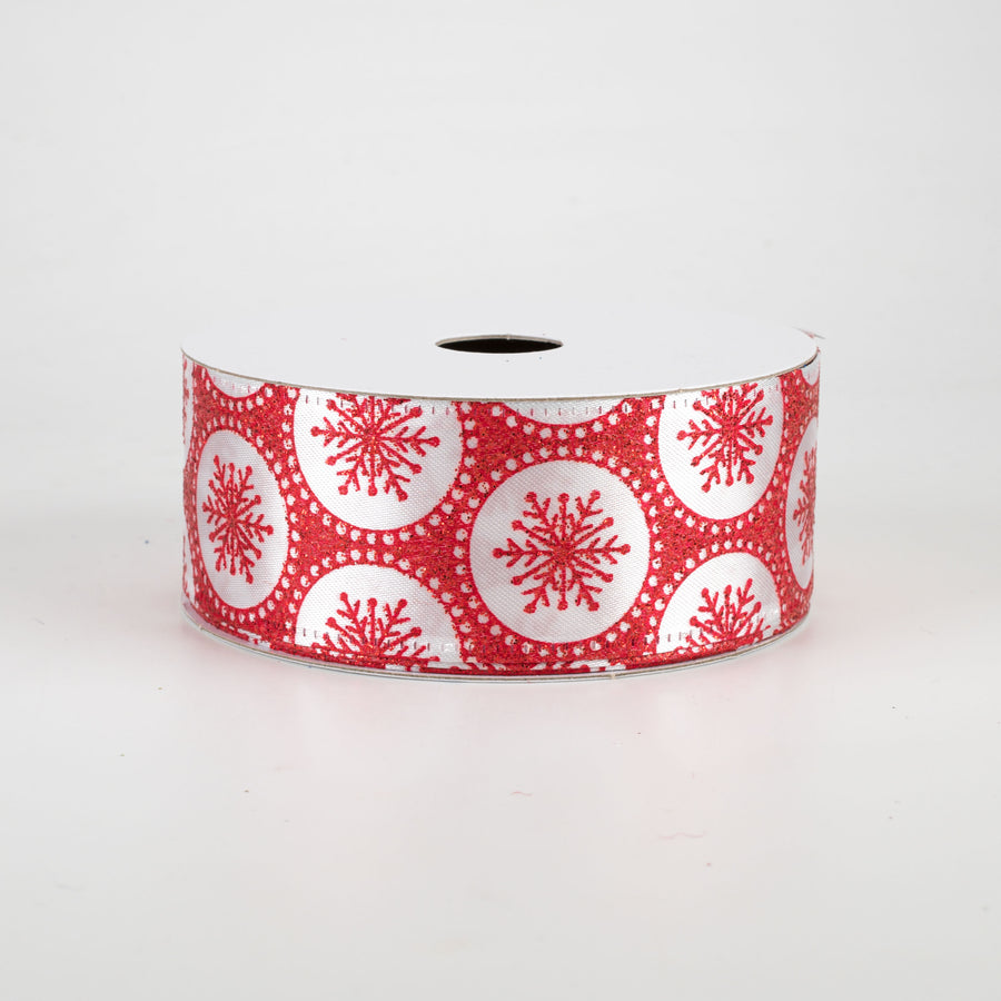 1.5" Glitter Snowflake Dots Ribbon: Red (10 Yards)