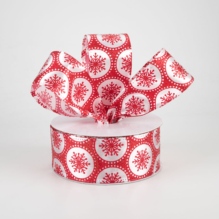 1.5" Glitter Snowflake Dots Ribbon: Red (10 Yards)