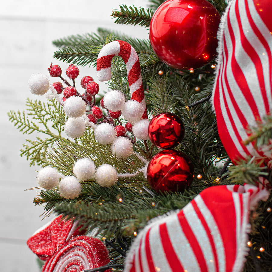 14" Pine, Berry, Candy Cane Pick