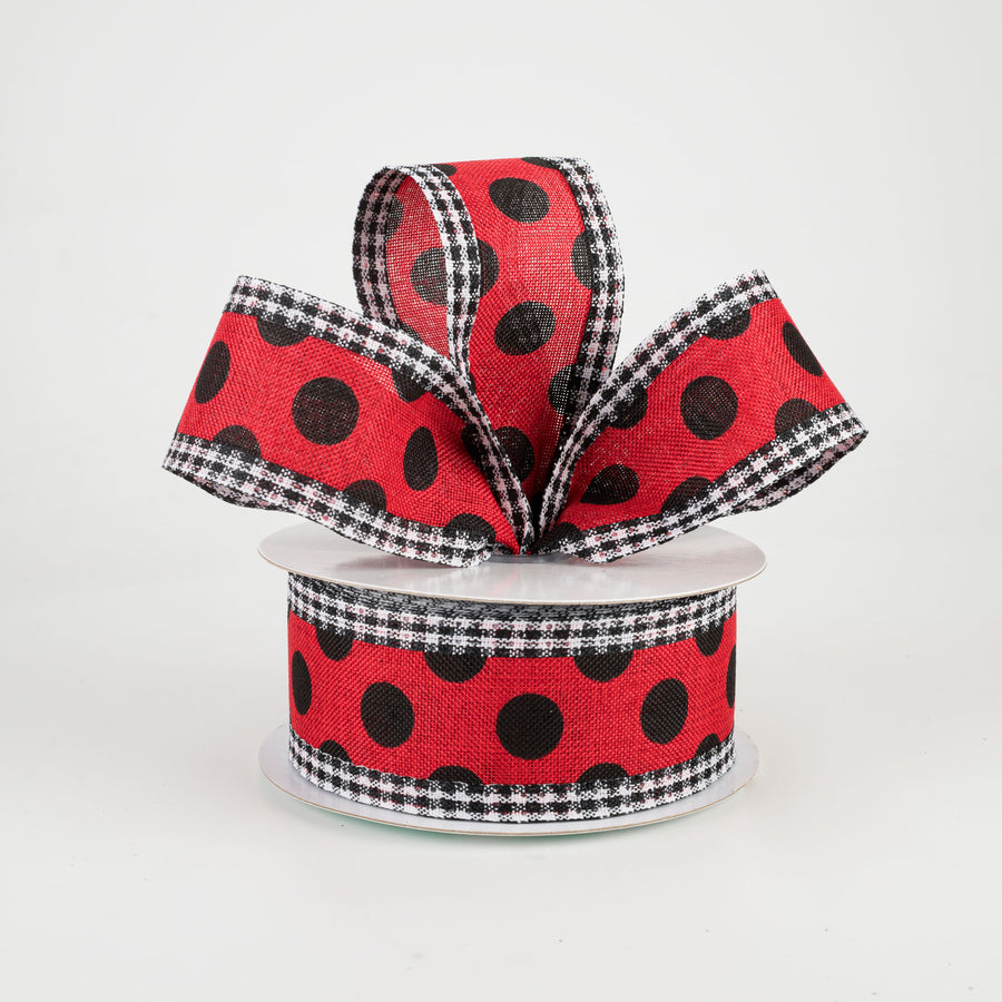 1.5" Medium Polka Dot Gingham Edge Ribbon: Red & Black (10 Yards)