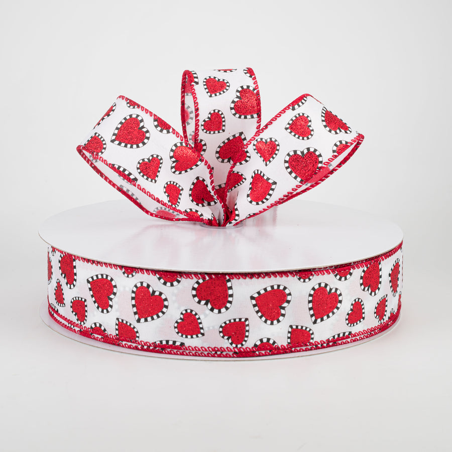 1.5" Dashed Edge Glitter Heart Ribbon: White (50 Yards)