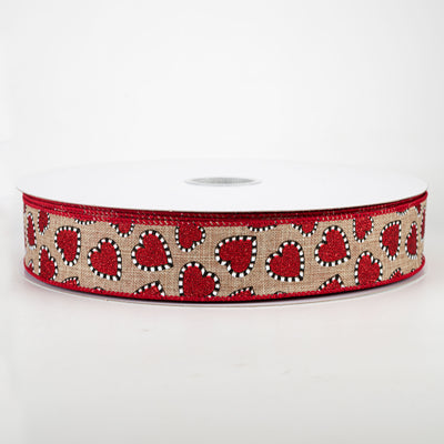 1.5" Dashed Edge Glitter Heart Ribbon: Natural (50 Yards)