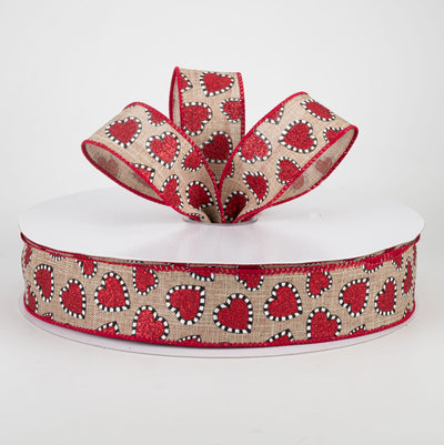 1.5" Dashed Edge Glitter Heart Ribbon: Natural (50 Yards)