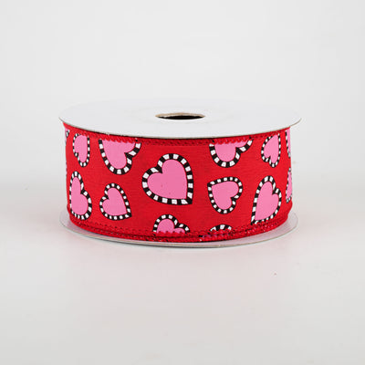 1.5" Dashed Edge Pink Heart Ribbon: Red (10 Yards)