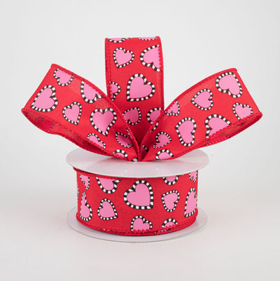 1.5" Dashed Edge Pink Heart Ribbon: Red (10 Yards)