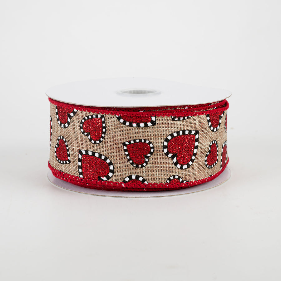 1.5" Dashed Edge Glitter Heart Ribbon: Natural (10 Yards)