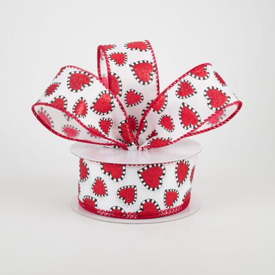 1.5" Dashed Edge Glitter Heart Ribbon: White (10 Yards)